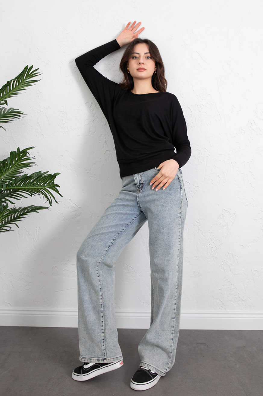 Kayık Yaka Ribanalı Yarasakol Bluz Siyah - 5162