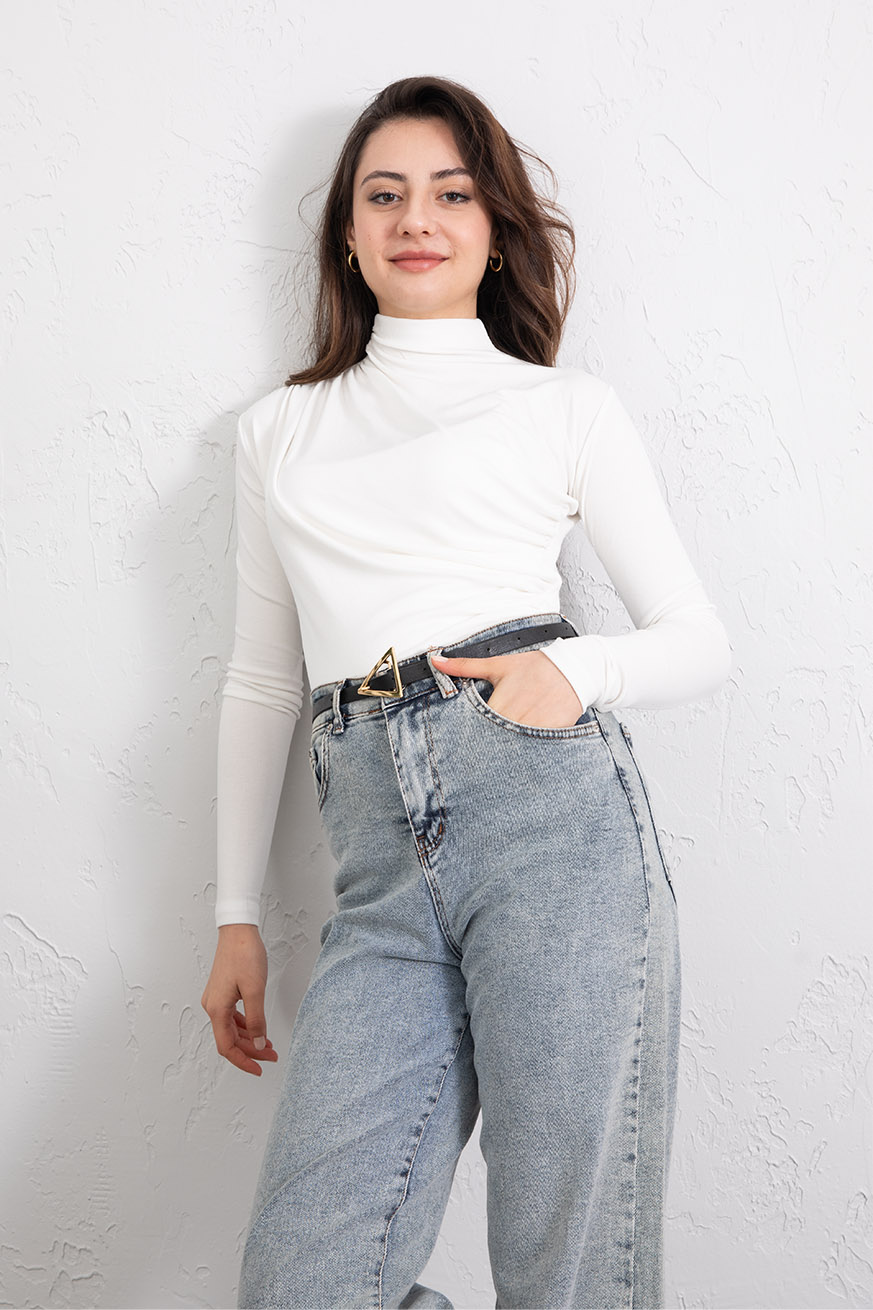 Omuz ve Yanı Büzgülü Ribanalı Bluz Ekru - 5151