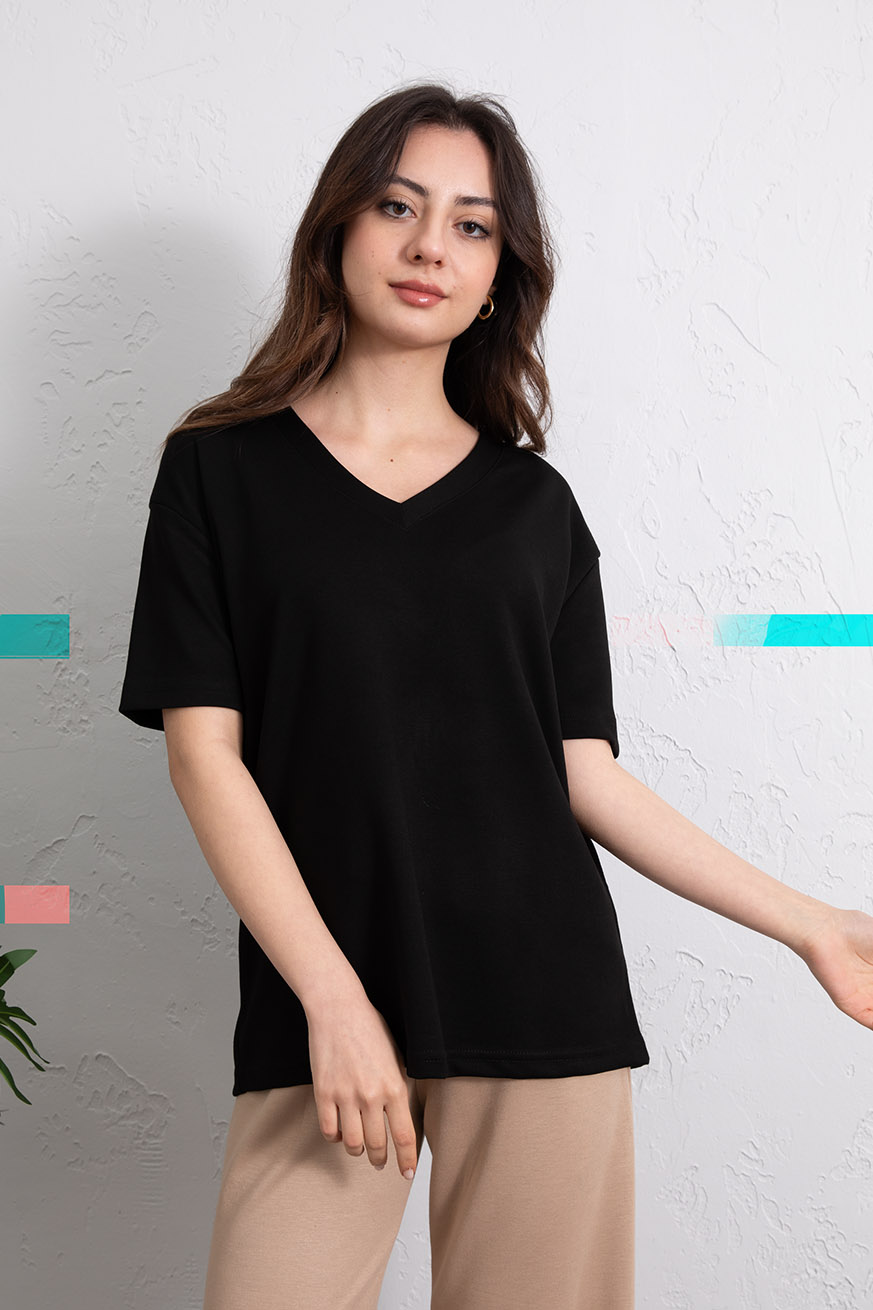 Basic V Yaka Tişört Siyah - 11340