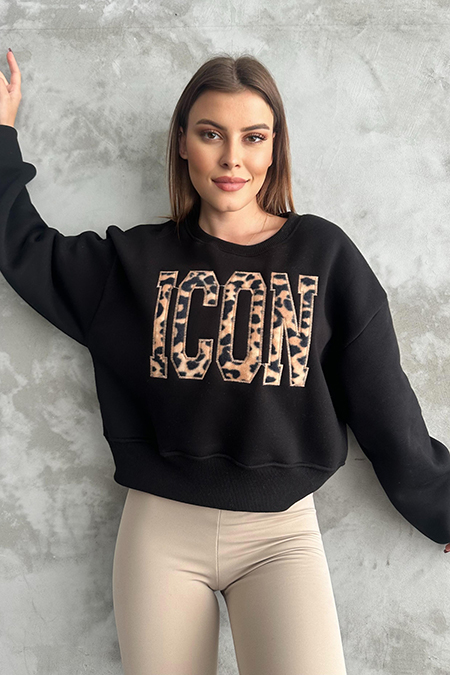 Leopar İşlemeli Üç İplik Sweatshirt-41035319079