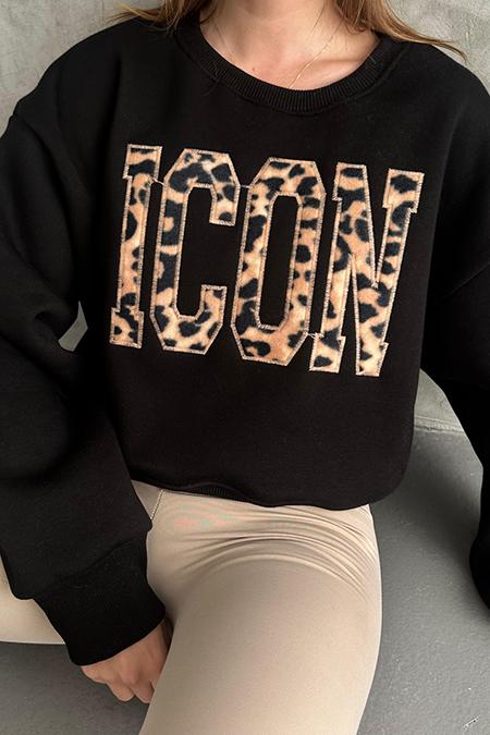 Leopar İşlemeli Üç İplik Sweatshirt-41035319079