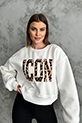 Leopar İşlemeli Üç İplik Sweatshirt / Ekru