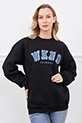 Kot Nakışlı Bisiklet Yaka Sweatshirt / Siyah