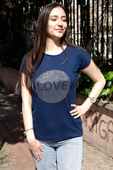 Love Taşlı Penye Tshirt-P-020425