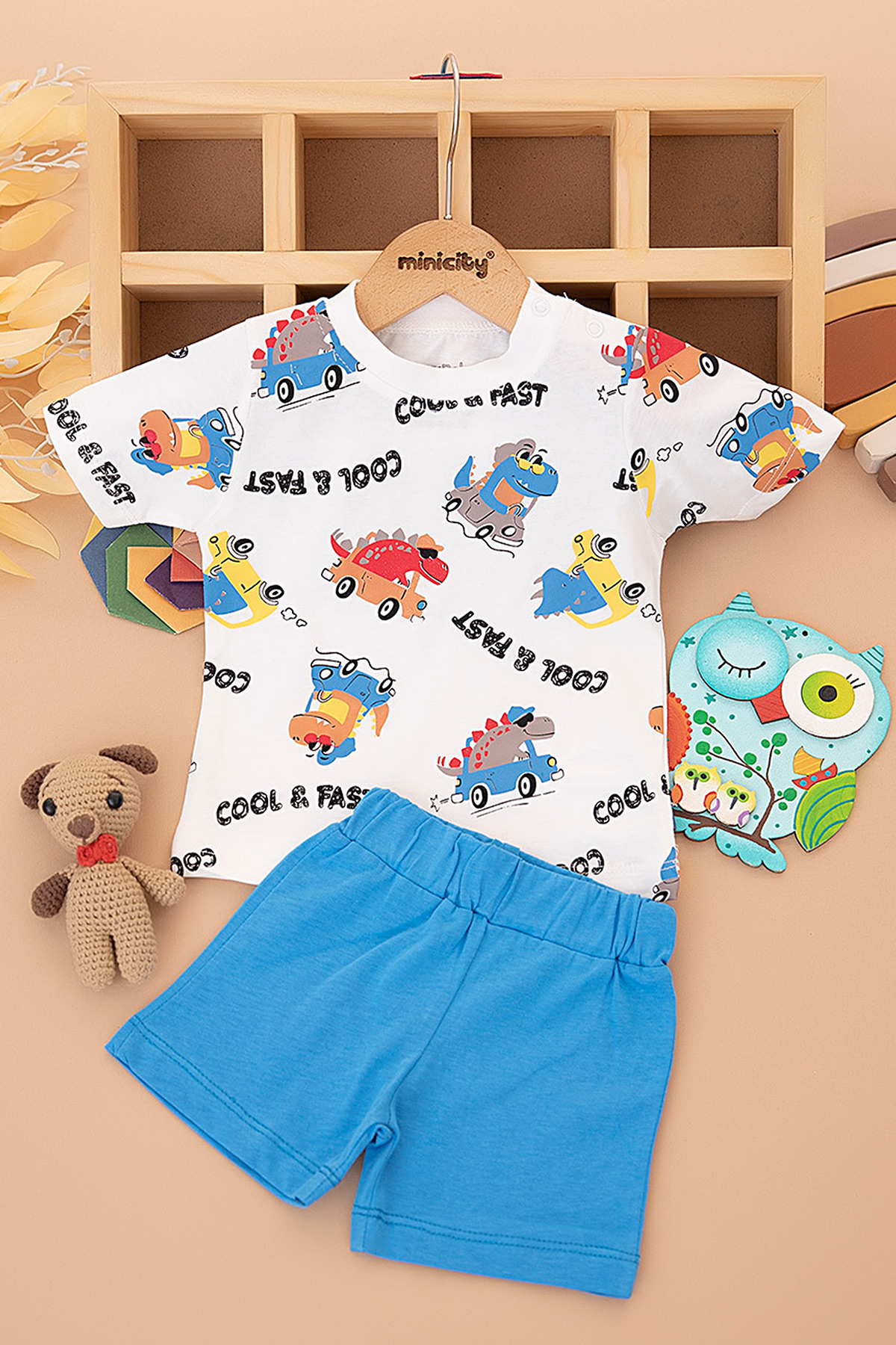 Erkek Bebek Dino Araba Baskılı Şortlu Takım - 25381 (9-24 Ay)