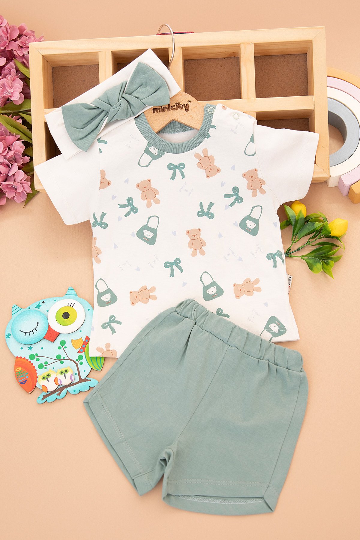Kız Bebek Fiyonk Baskılı Şortlu Takım - 8021 (6-24 Ay)