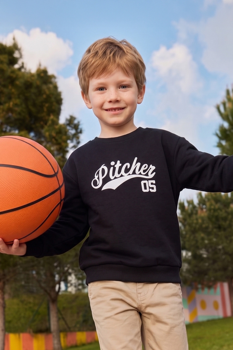 3 İ̇plik Pitcher Yazı Baskılı Erkek Çocuk Sweatshirt
