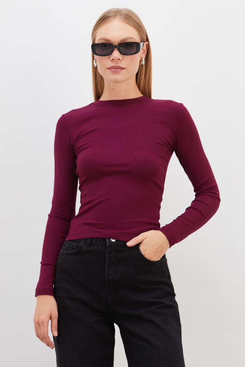 Basic Bisiklet Yaka Slim Fit Crop Bluz