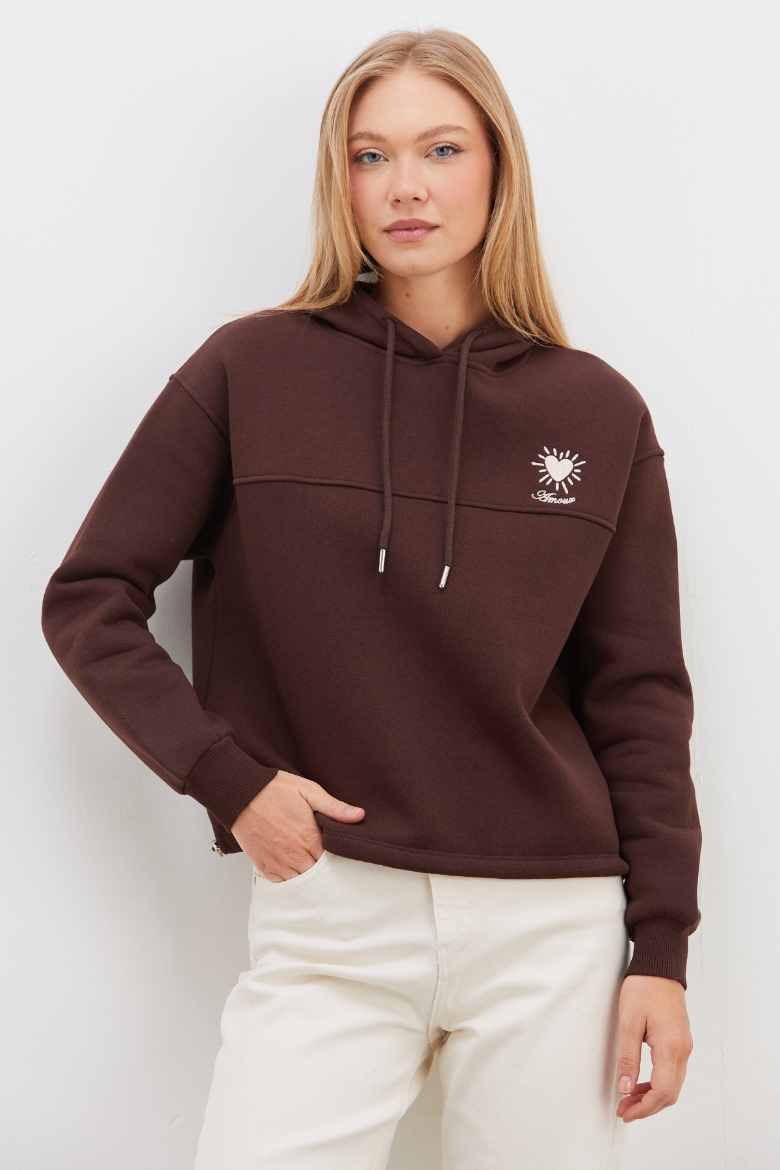 3 İplik Kalp Nakışlı Kapüşonlu Stoperli Sweatshirt