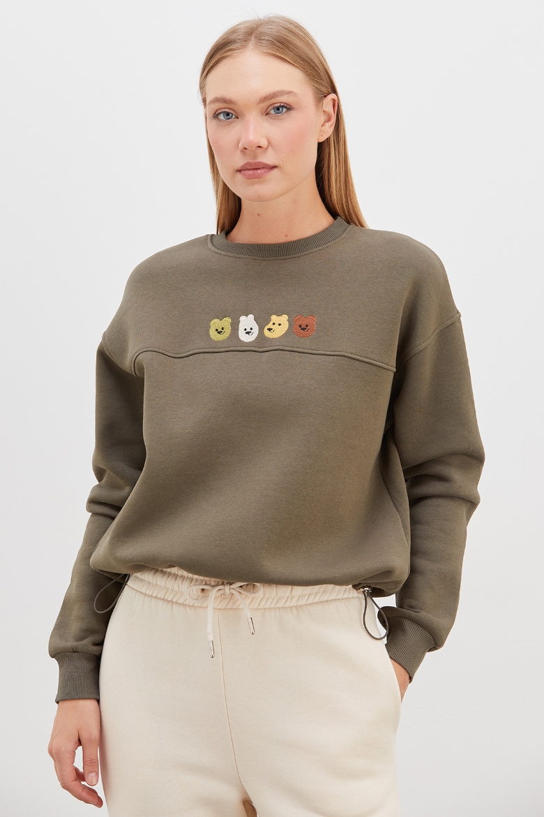 3 İplik Ayıcık Nakışlı Stoperli Oversize Sweatshirt