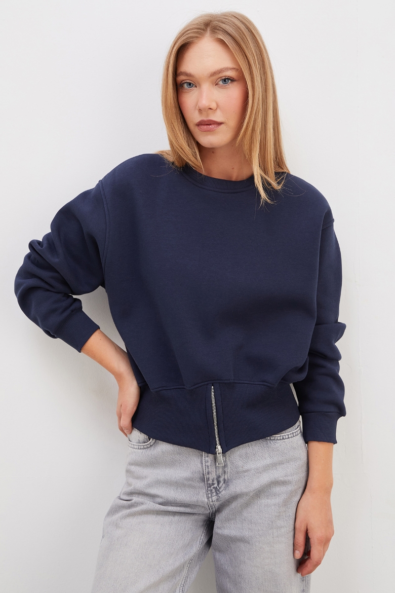 3 İplik Eteği Fermuarlı Bisiklet Yaka Crop Sweatshirt