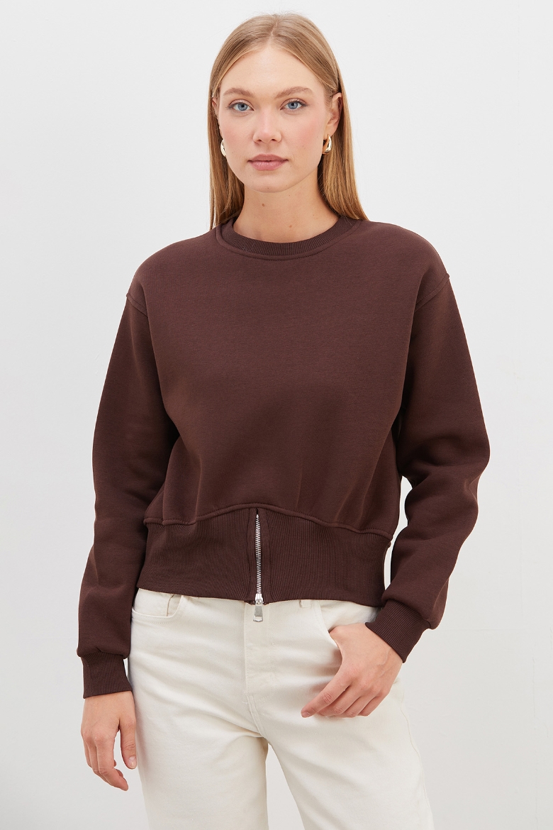 3 İplik Eteği Fermuarlı Bisiklet Yaka Crop Sweatshirt