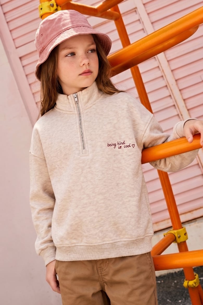 3 İplik Yarım Fermuarlı Dik Yaka Kız Çocuk Sweatshirt