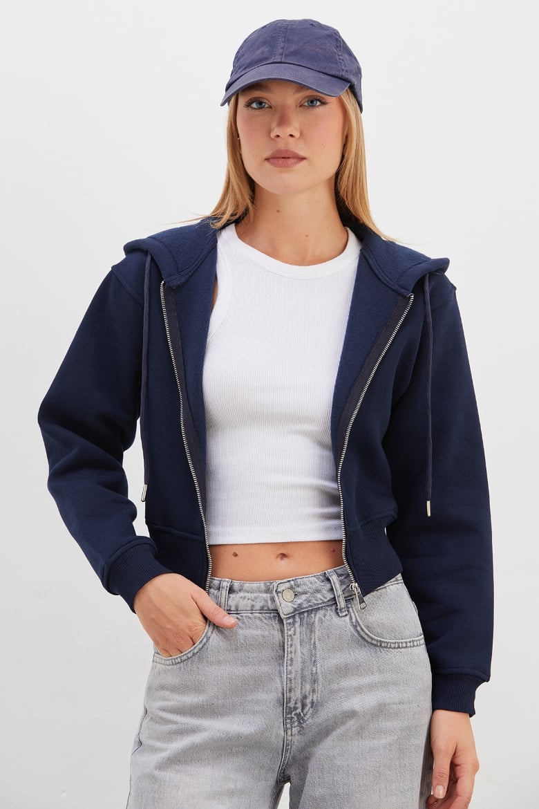 3 İplik Basic Kapüşonlu Fermuarlı Sweatshirt