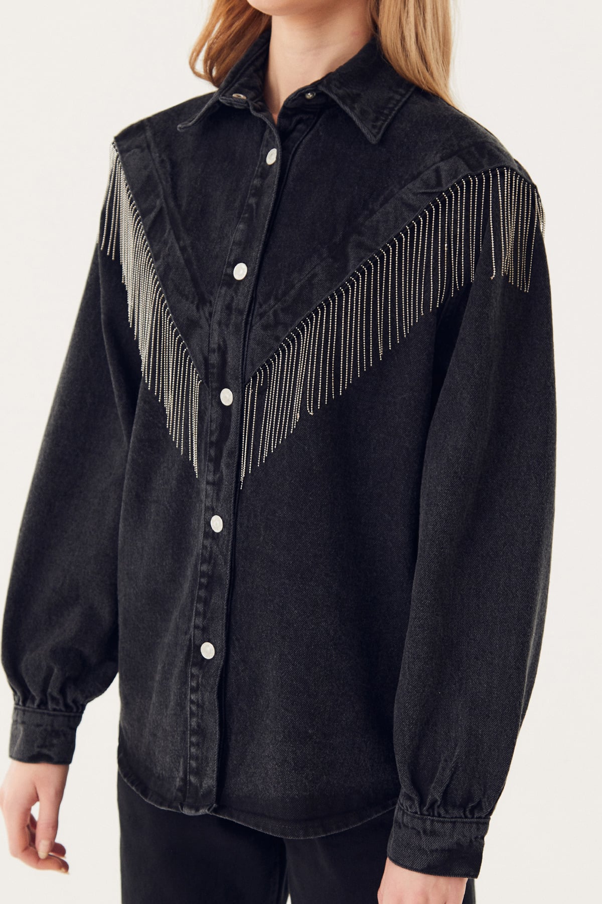 Zincir Detaylı Oversize Kot Ceket-Antrasit