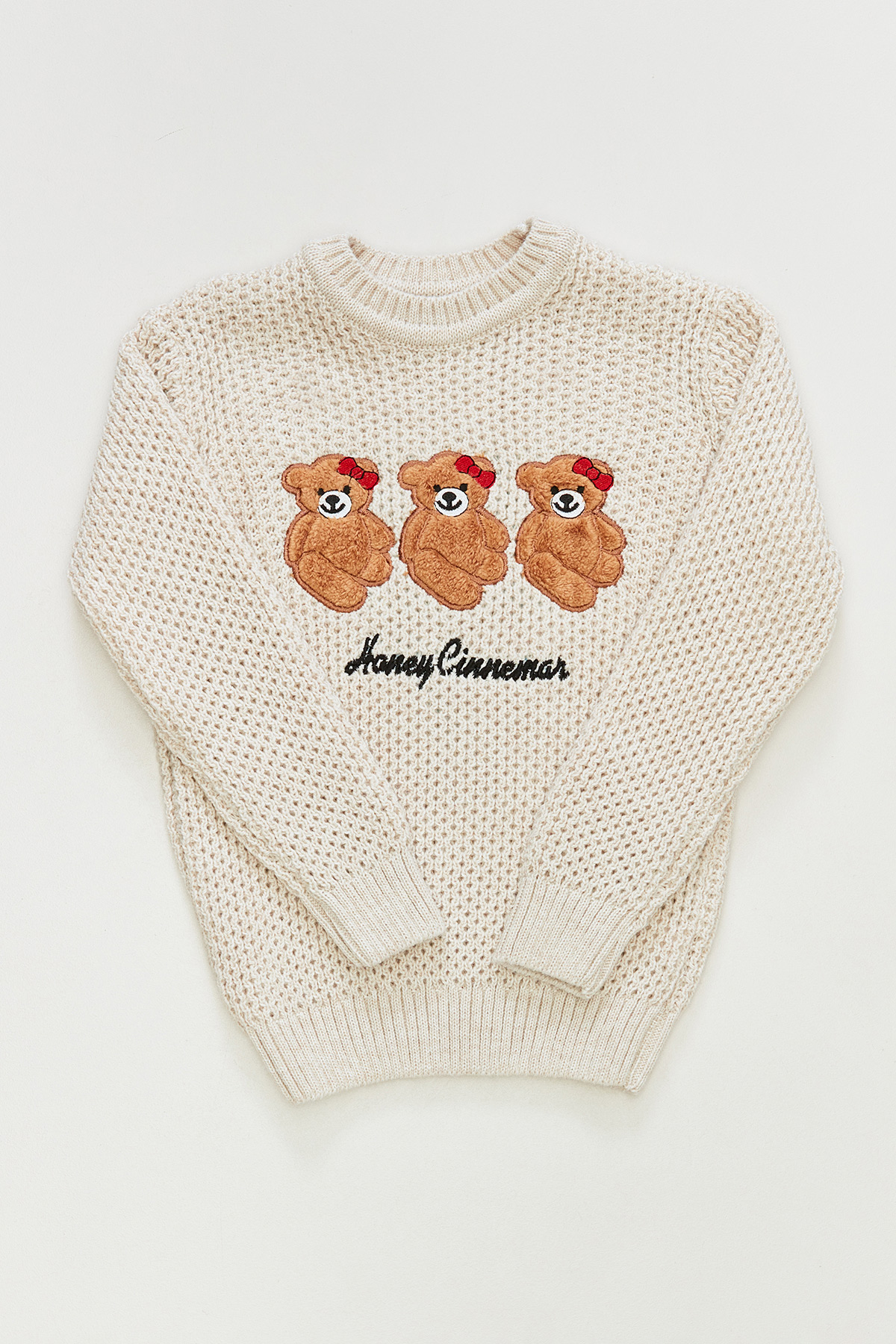 Ayıcıklı Bisiklet Yaka Kız Çocuk Örgü Triko Kazak-Taş