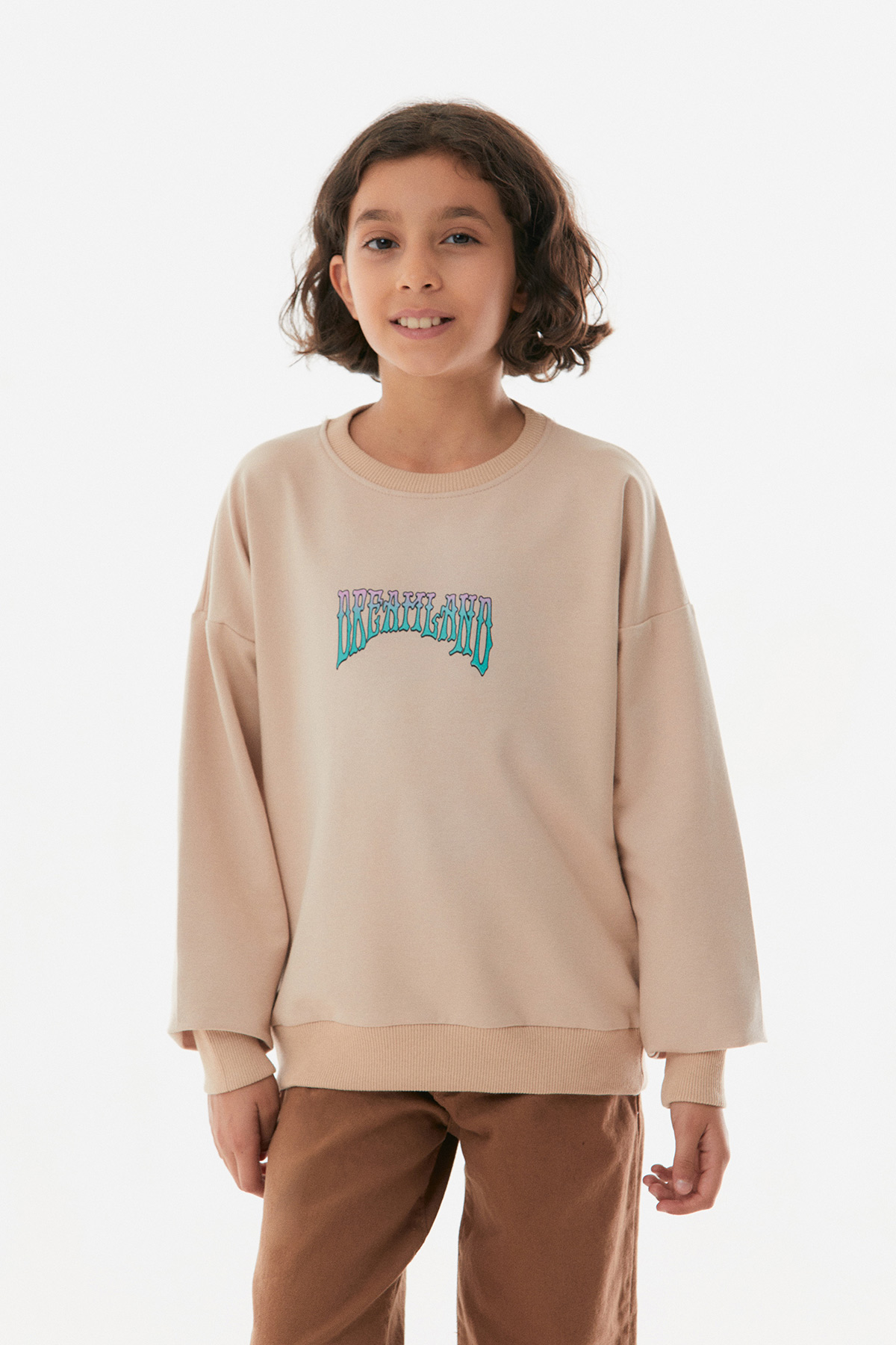 yuizm♡ Dreamland Yazı Baskılı Bisiklet Yaka Kız Çocuk Sweatshirt-Vizon
