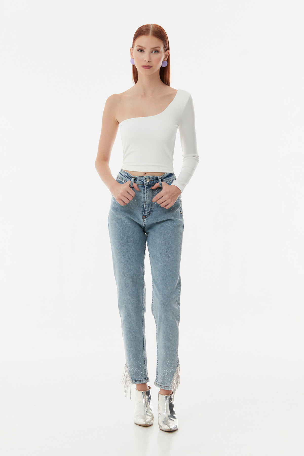 Taşlı Yüksek Bel Straight Fit Jean Pantolon-Buz Mavi Taşlı Yüksek Bel Straight Fit Jean Pantolon-Buz Mavi