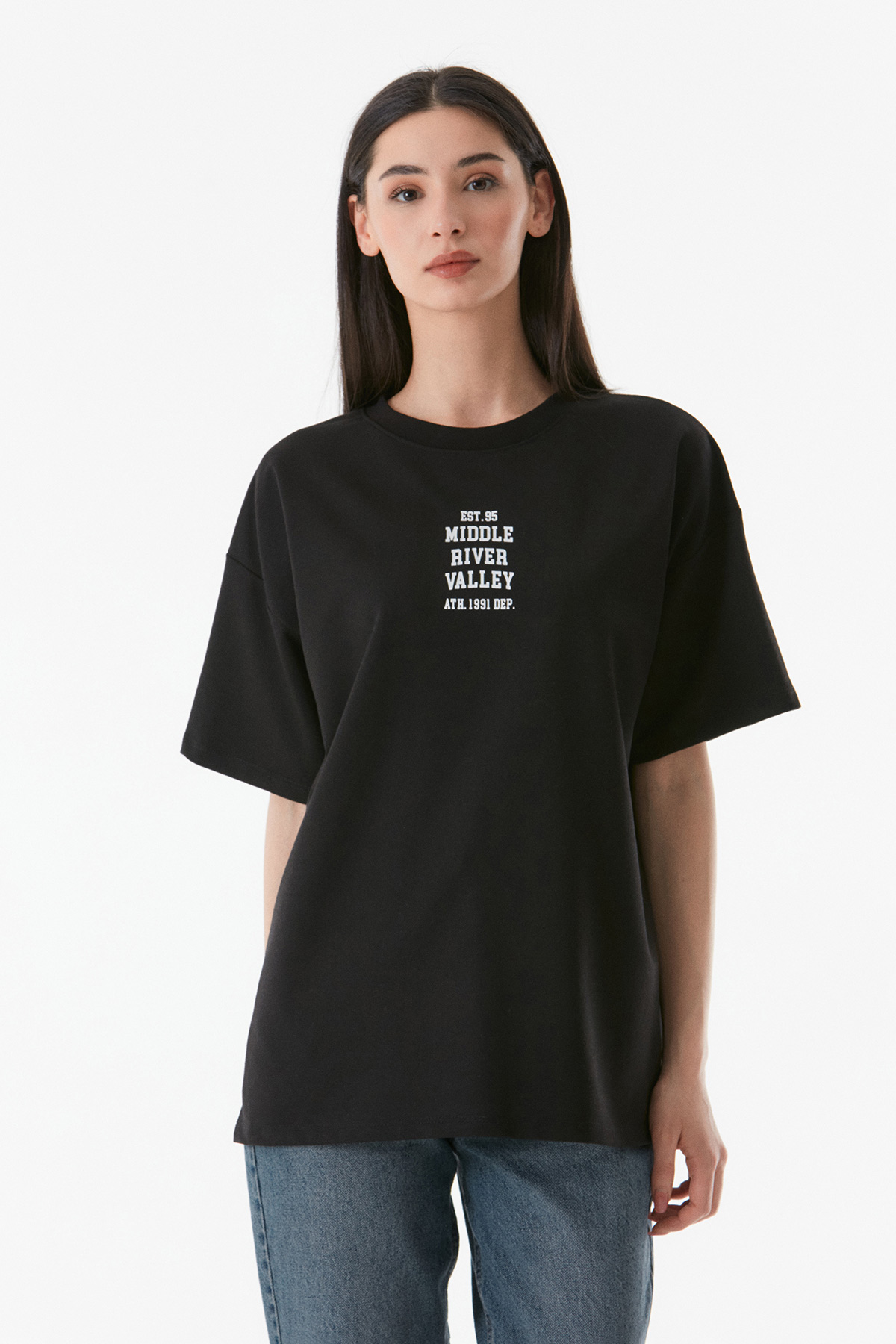 Yazı Baskılı Bisiklet Yaka Oversize Tişört-Siyah