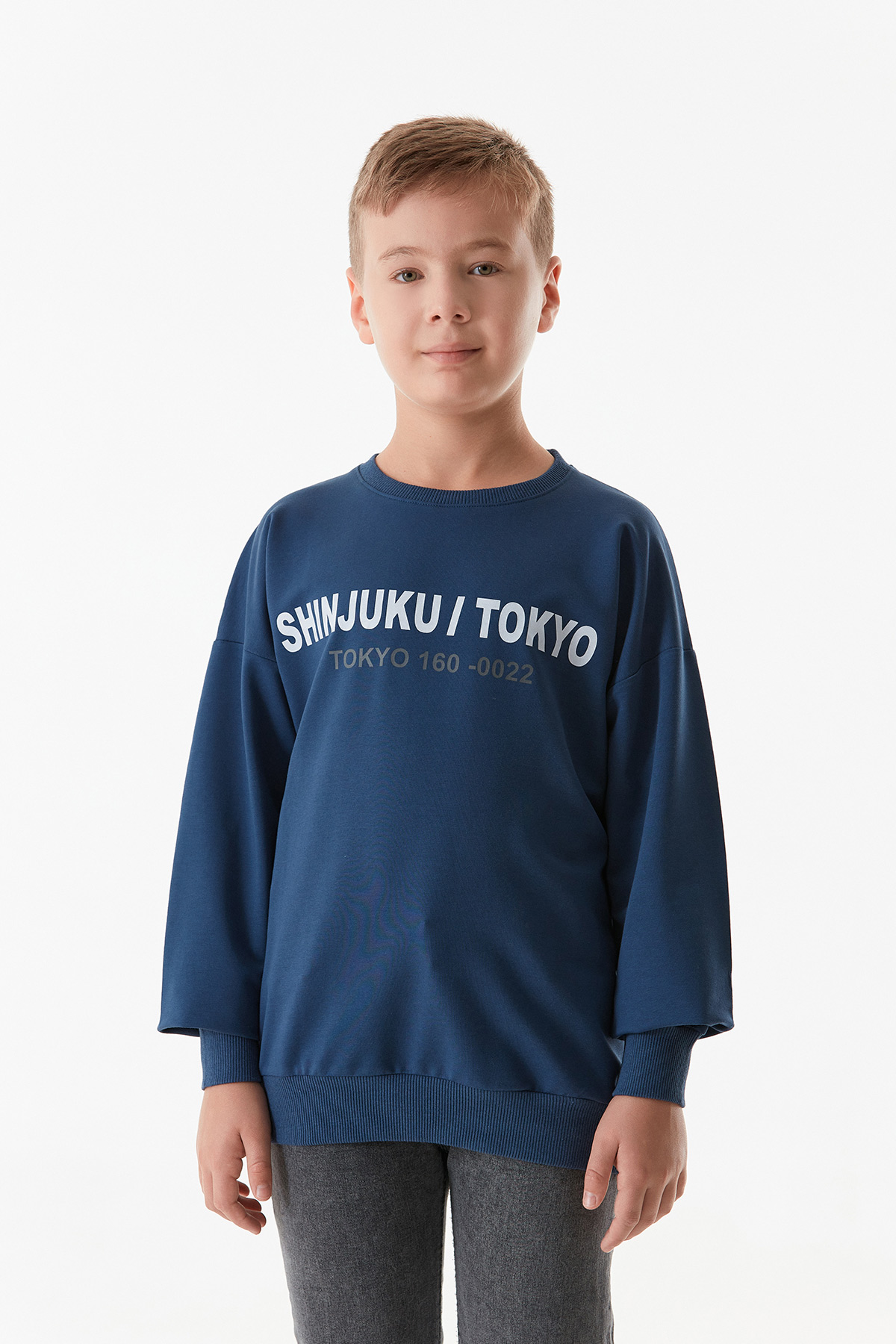 Tokyo Yazı Baskılı Bisiklet Yaka Erkek Çocuk Sweatshirt-İndigo
