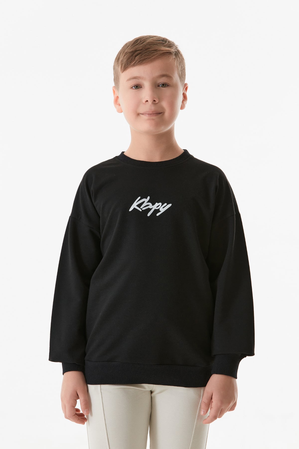 少年Ø Önü Ve Arkası KBPY Baskılı Bisiklet Yaka Erkek Çocuk Sweatshirt-Siyah