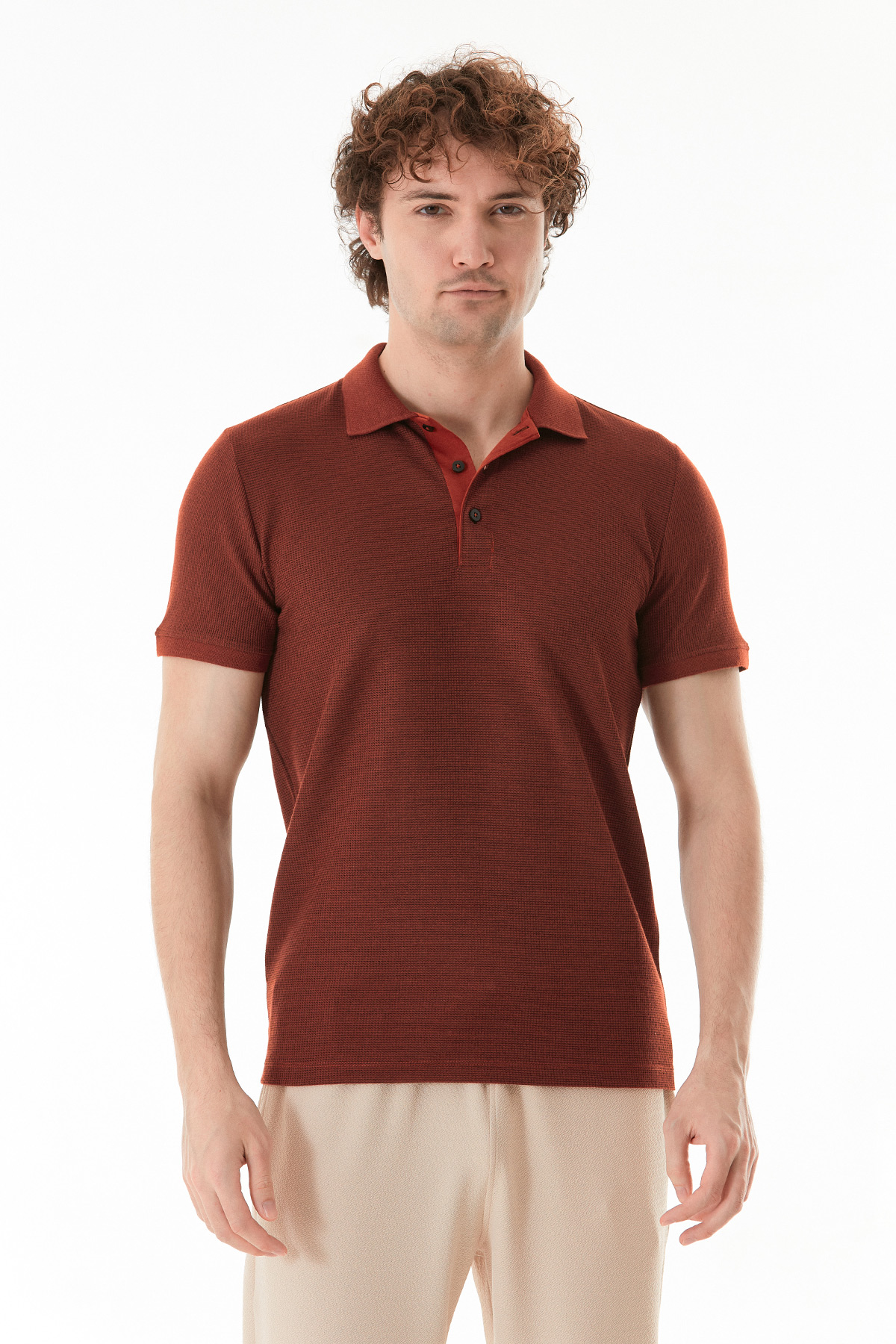 Waffle Kumaş Slim Fit Polo Yaka Tişört-Kırmızı