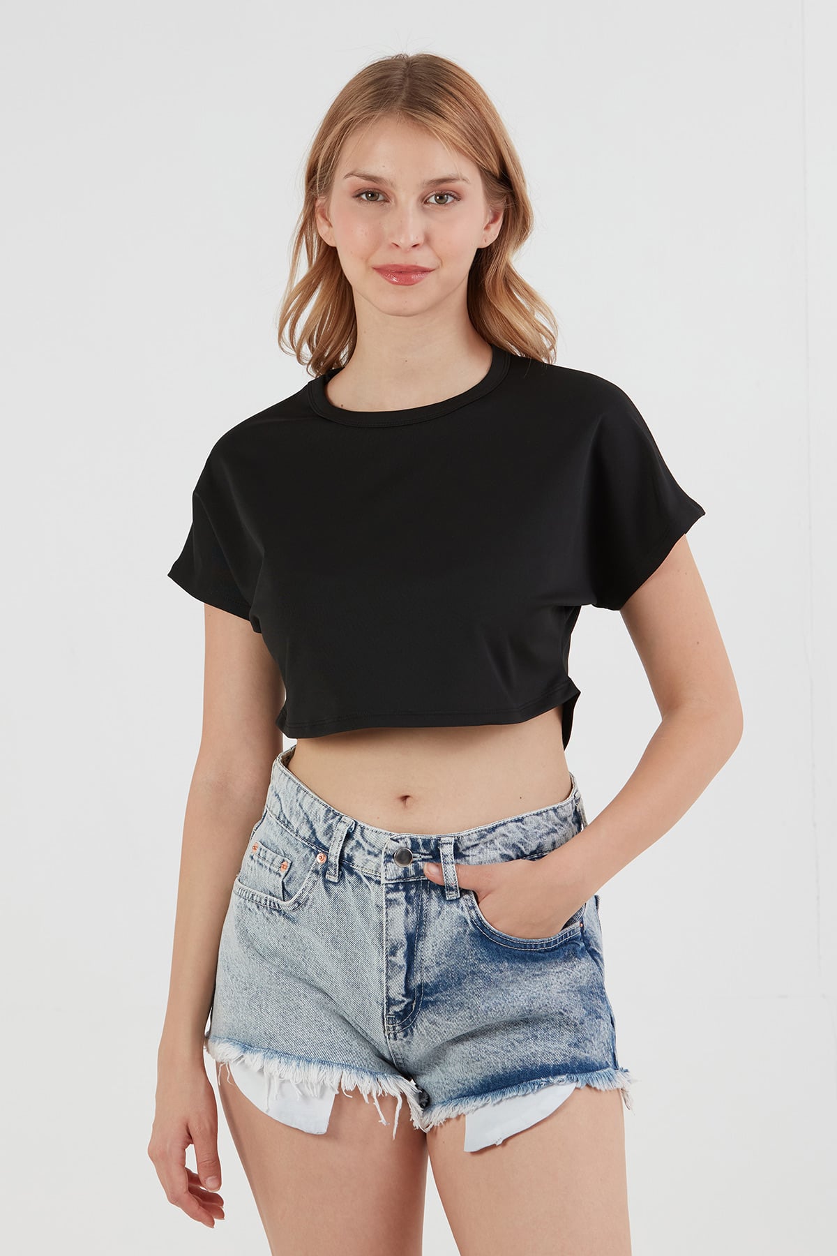 Basic Yarasa Kol Crop Tişört-Siyah