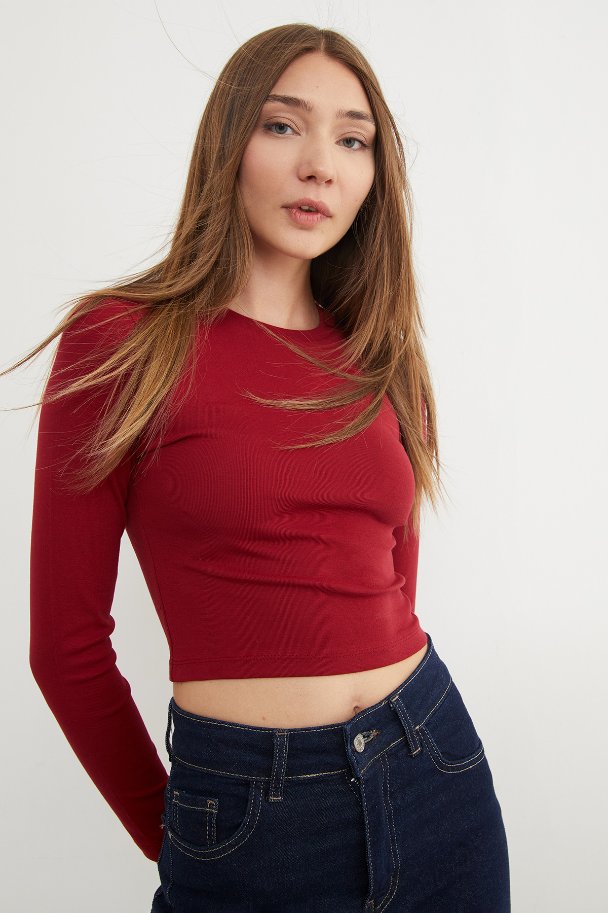 Basic Bisiklet Yaka Uzun Kollu Crop Body