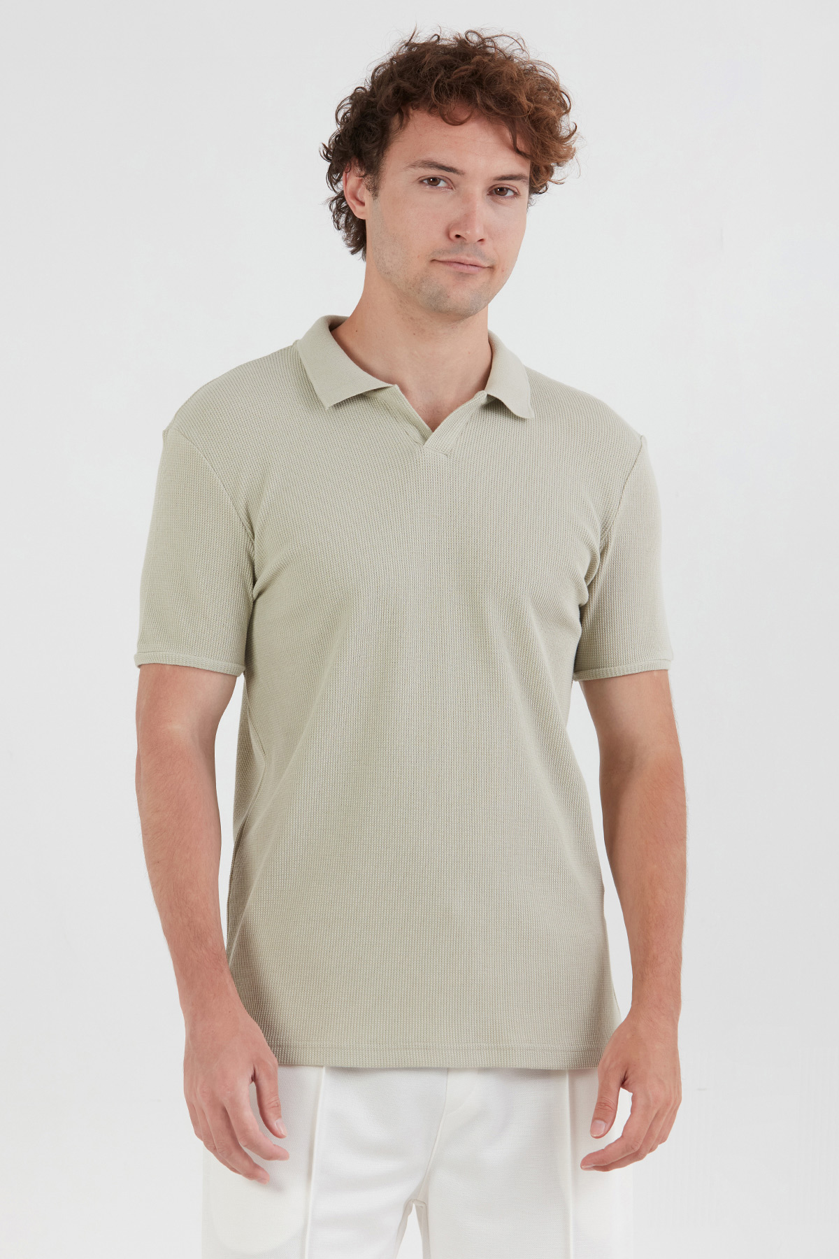 Waffle Kumaş Polo Yaka Tişört-Su Yeşili