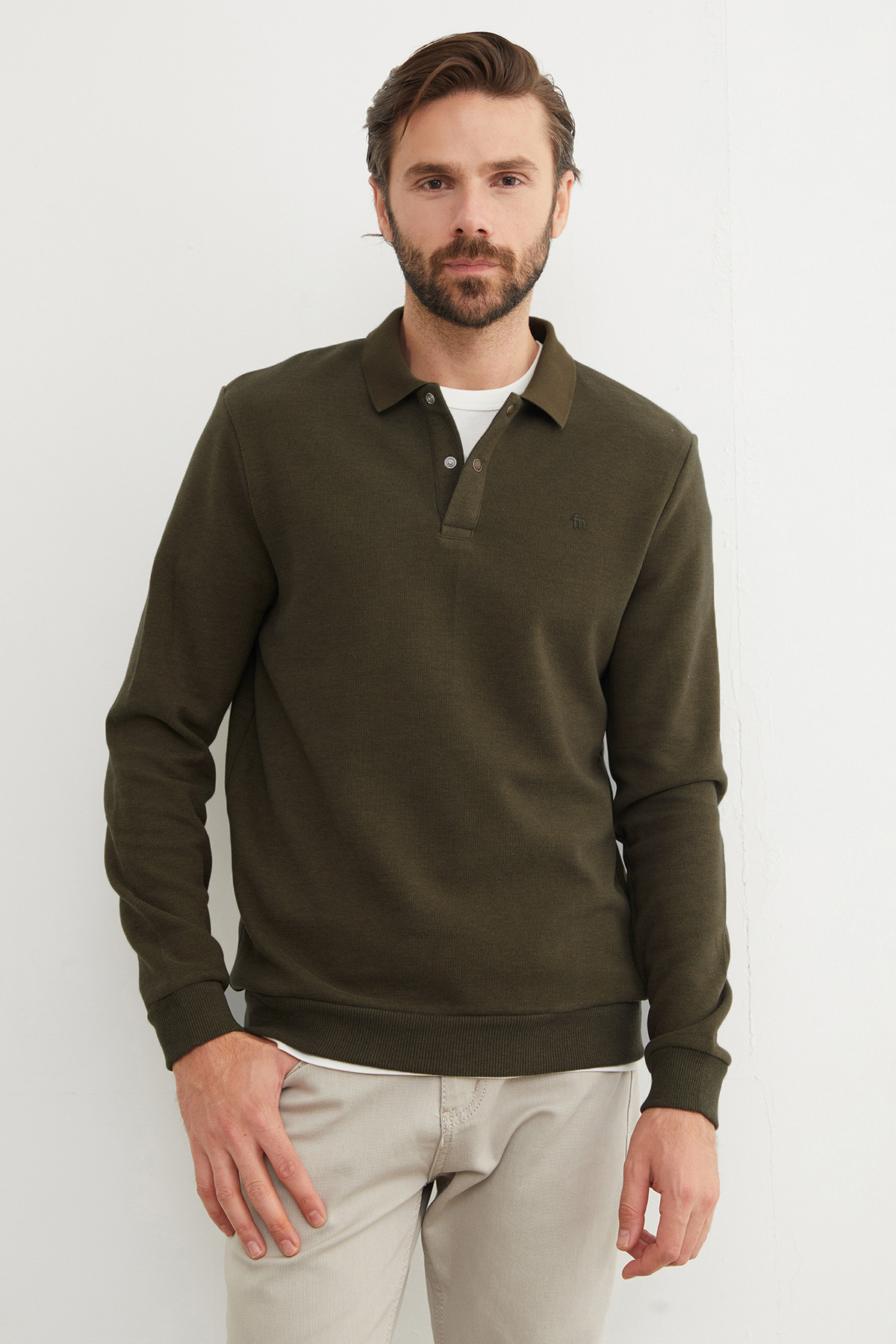 Fitilli Polo Yaka Düğmeli Sweatshirt