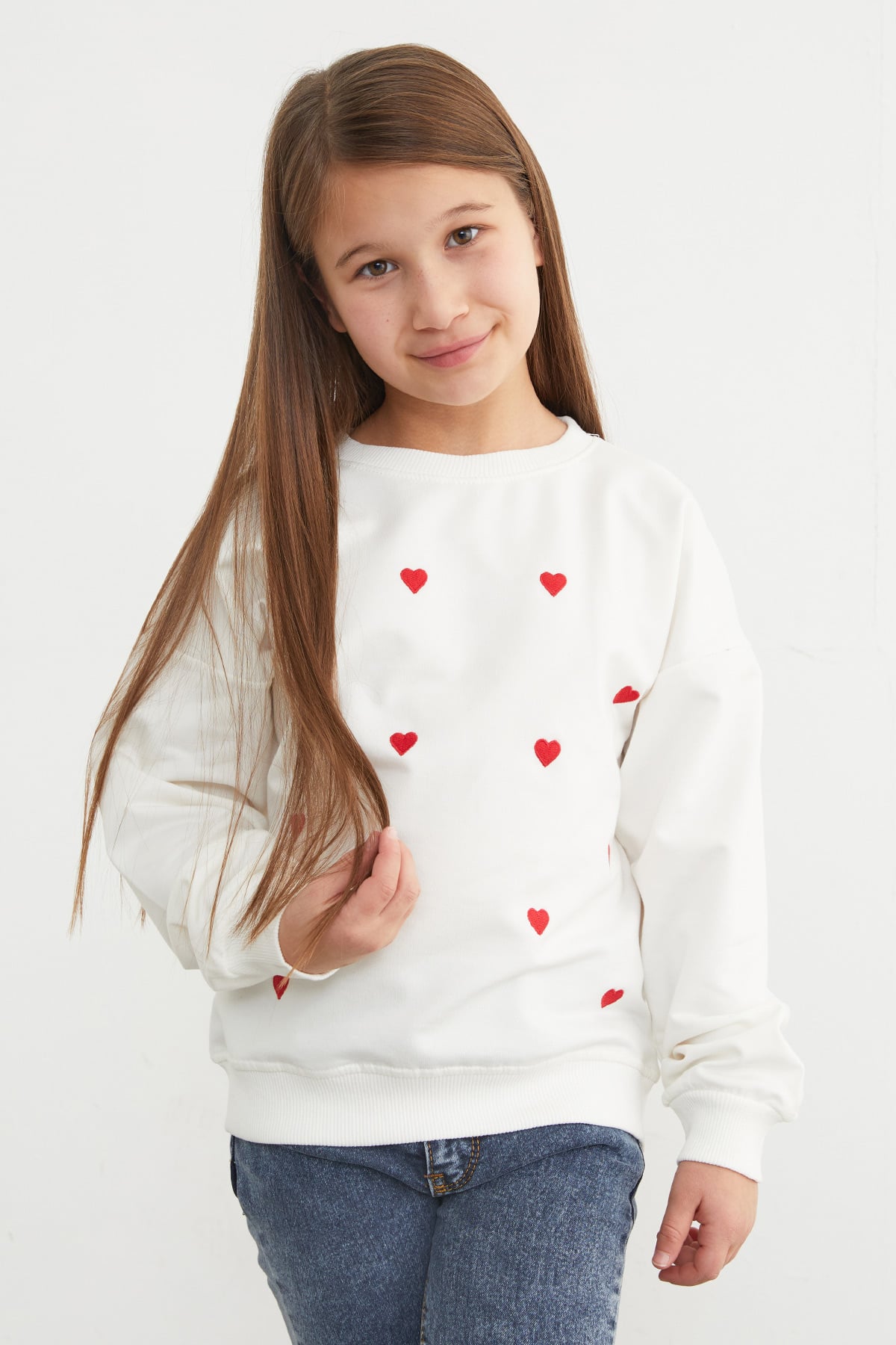 Happy Yazı Baskılı Bisiklet Yaka Kız Çocuk Sweatshirt-Vizon