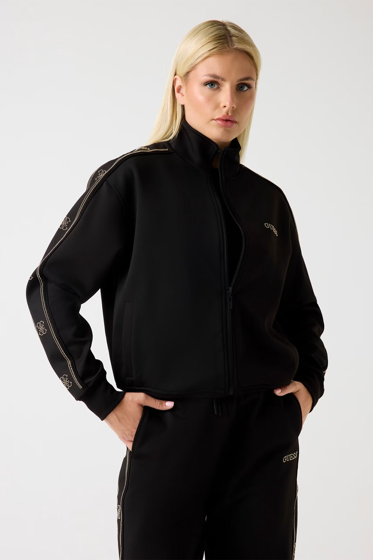 j56753 Guess Kadın Full Zip Baskısız Siyah Sweatshirt-JET BLACK A996