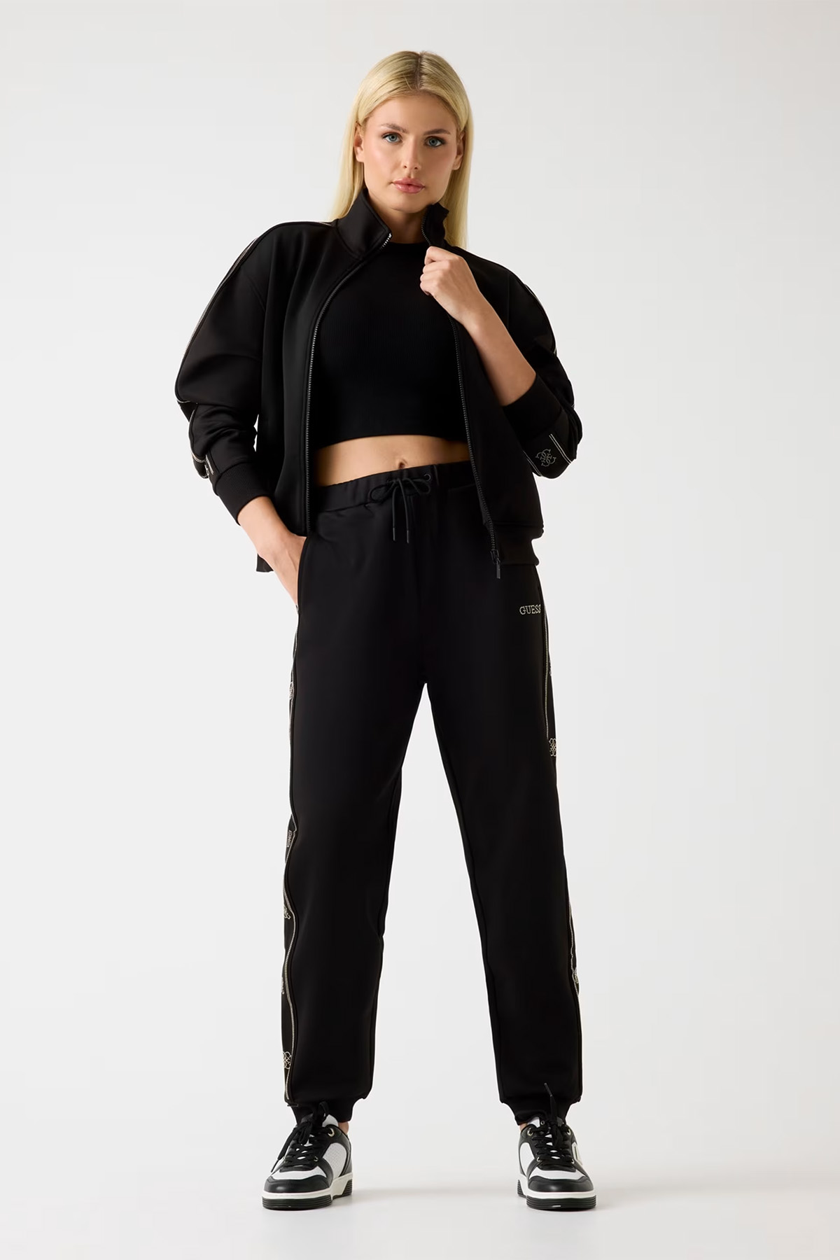 Guess Kadın Full Zip Baskısız Siyah Sweatshirt-JET BLACK A996