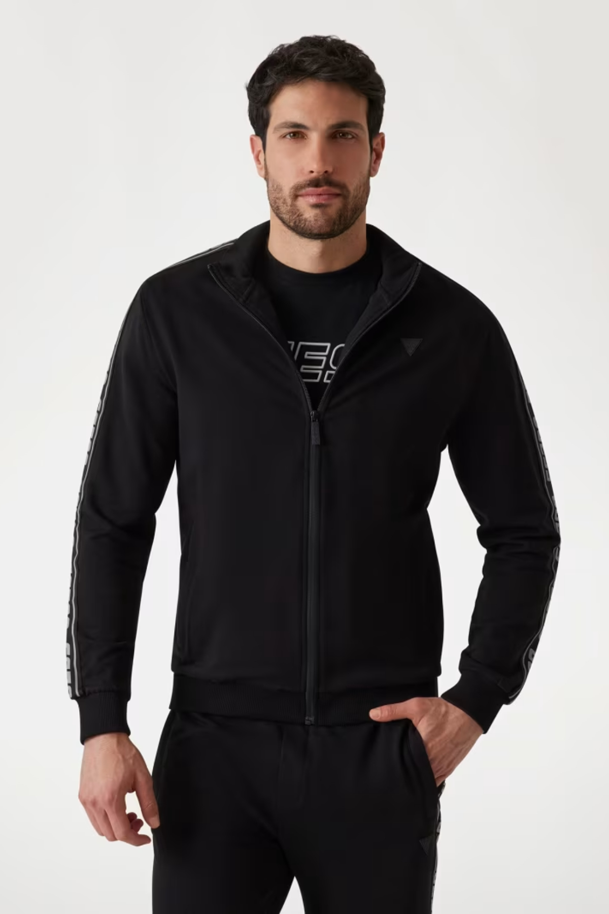 Guess Erkek Full Zip Baskısız Siyah Sweatshirt-JET BLACK A996