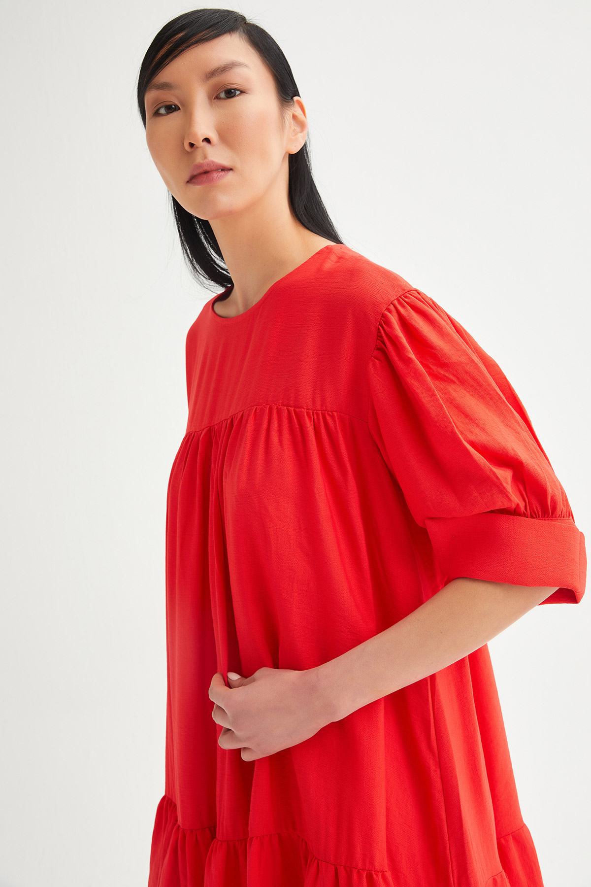 Oversize Robadan Büzgülü Karpuz Kol Elbise | Açelya Okçu 