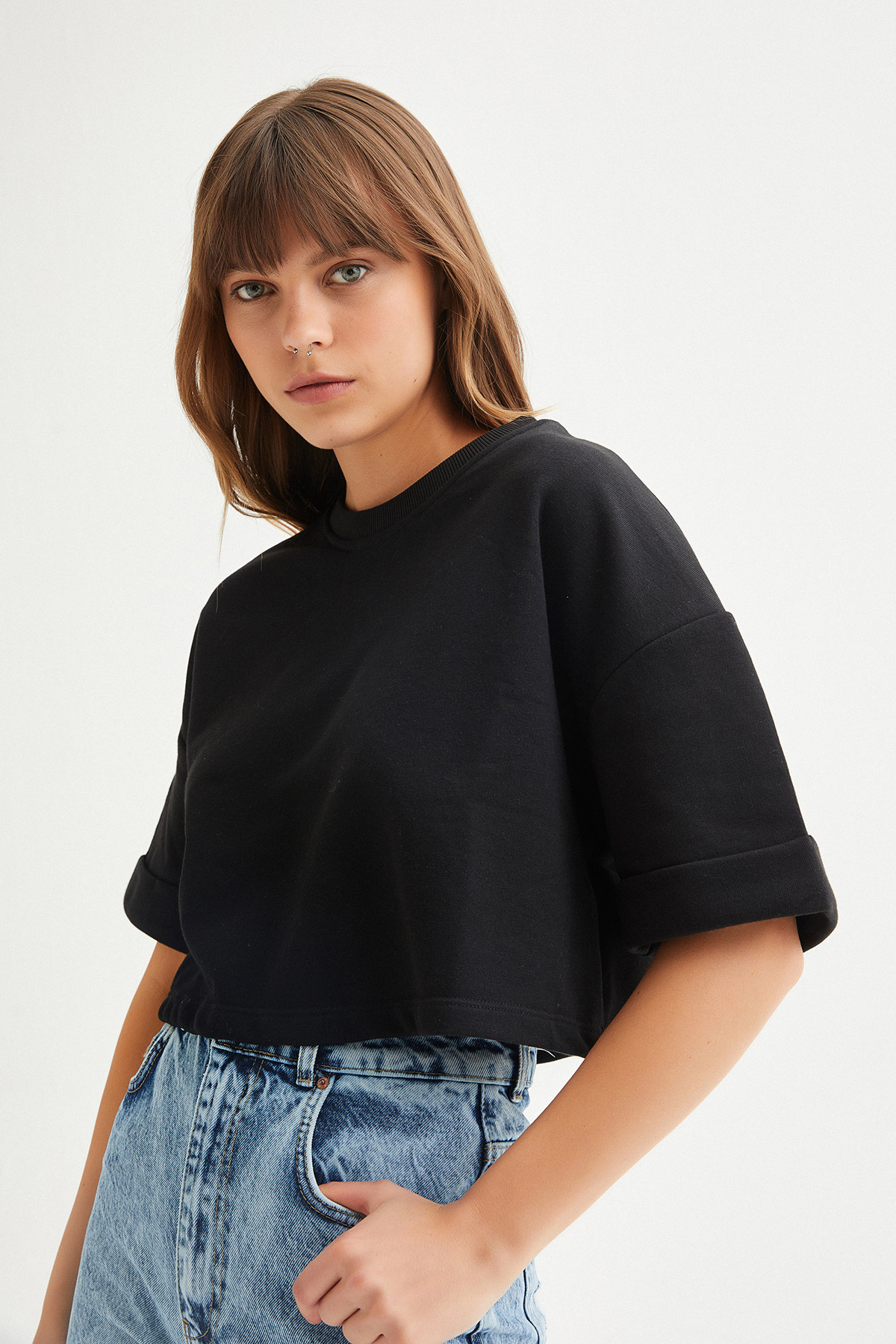 Duble Kol Oversize Crop Sweat | Açelya Okçu 