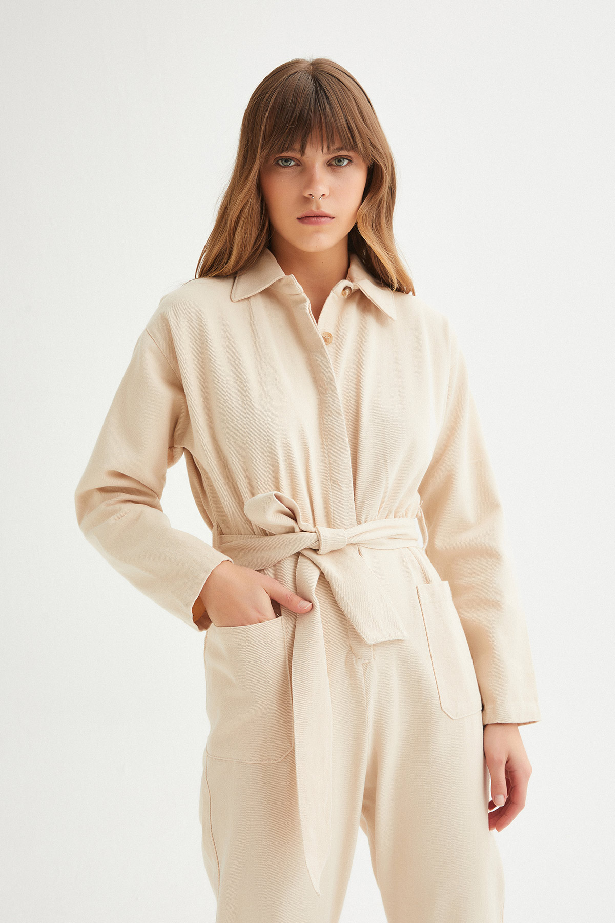 Gabardin Paçası Düğmeli Tulum | Açelya Okçu 