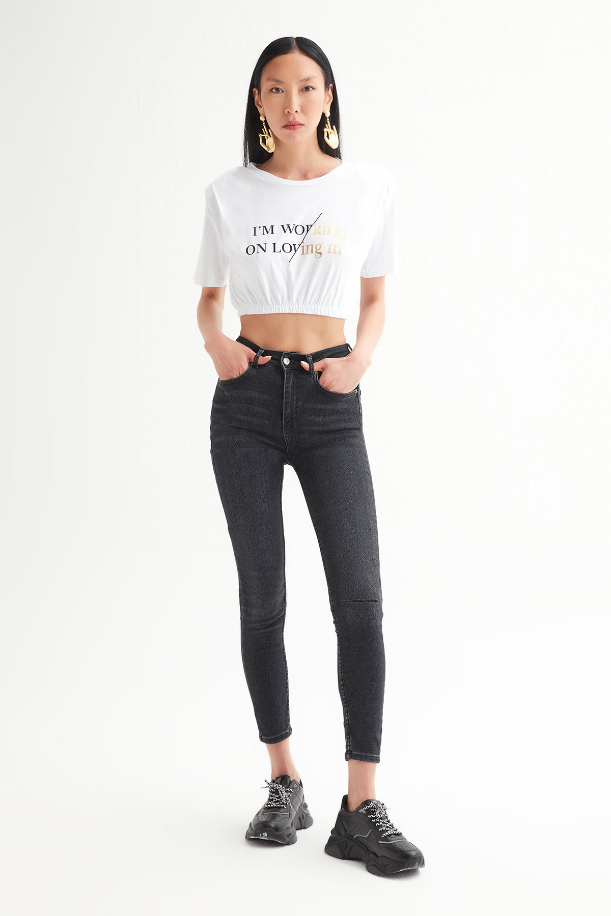 Vatkalı Sloganlı Crop Tshirt | Açelya Okçu 