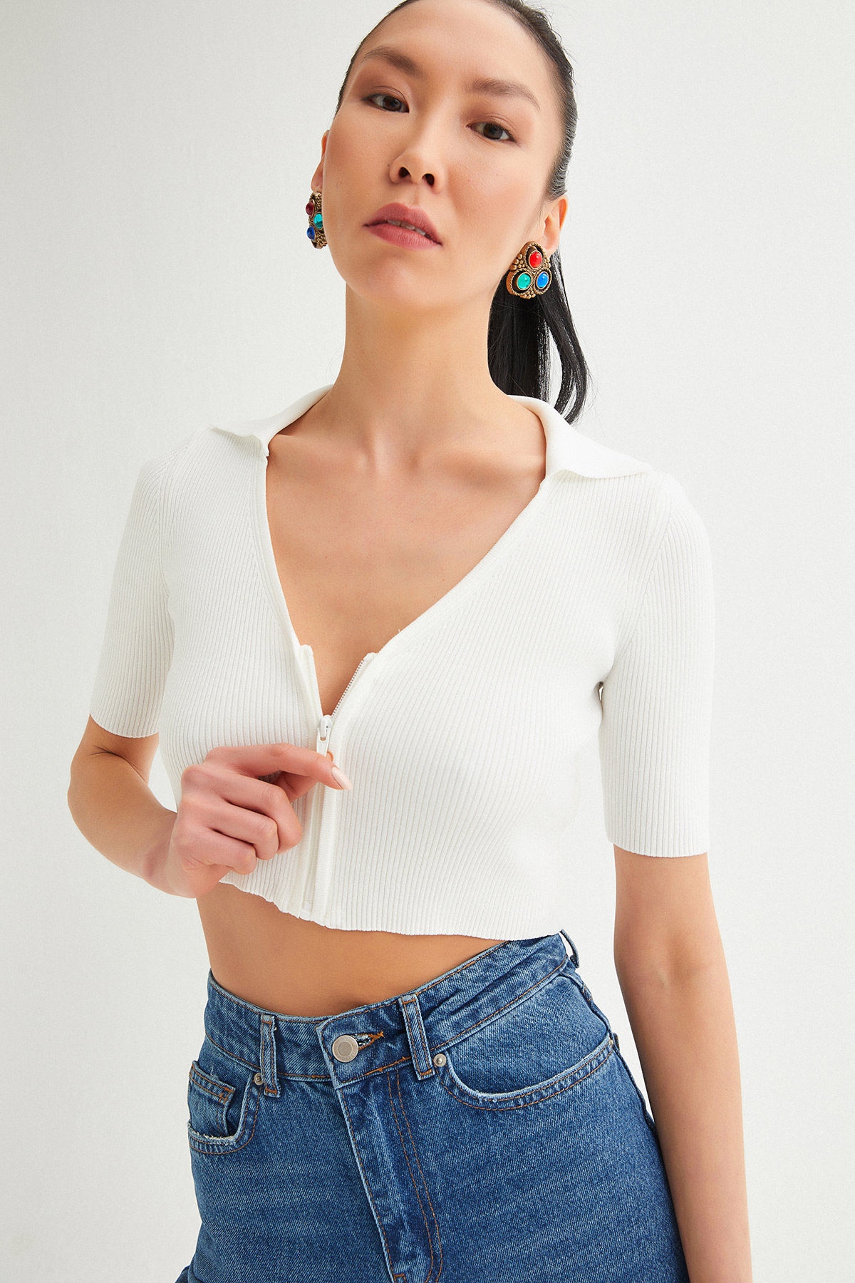 Fermuarlı Crop Triko Bluz | Açelya Okçu 