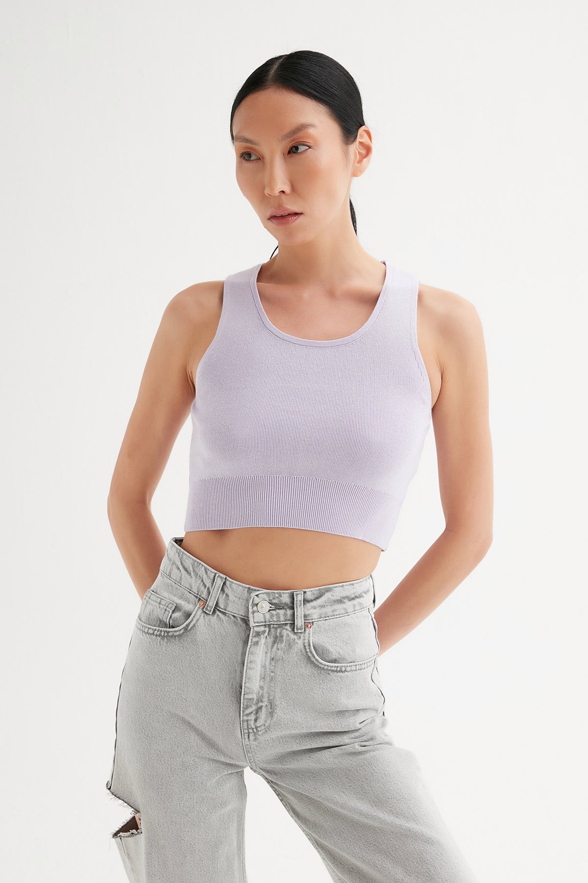 Sıfır Kol Crop Triko Bluz |  