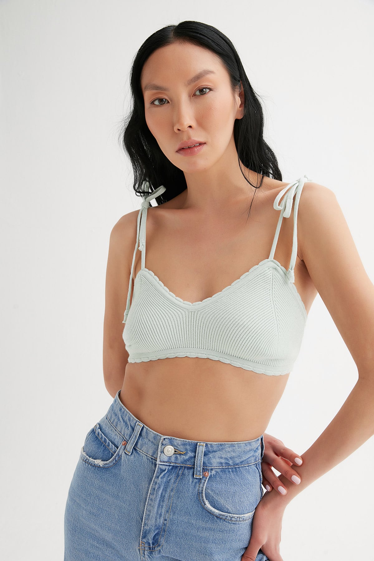 Omuzu Bağlamalı Crop Triko Bluz |  