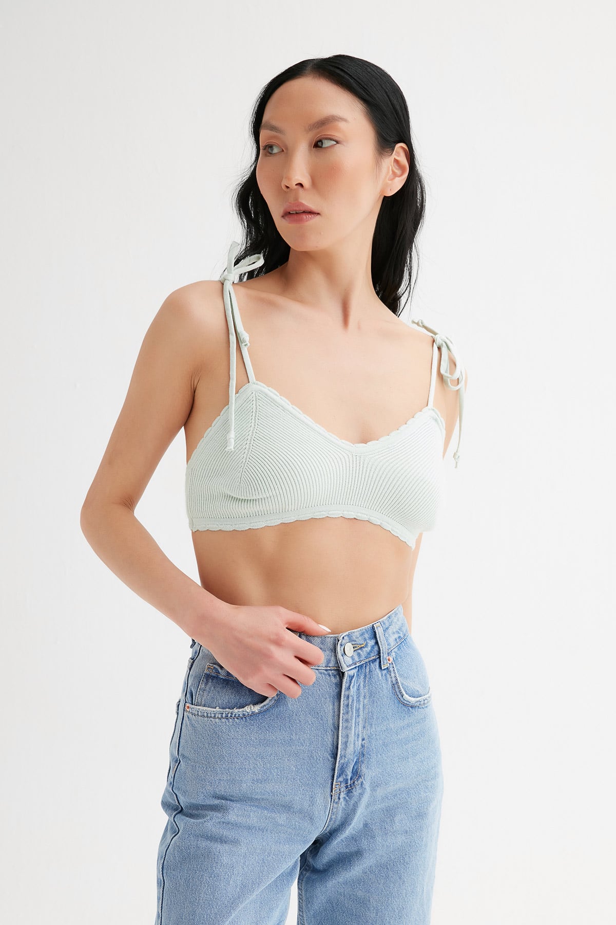 Omuzu Bağlamalı Crop Triko Bluz |  