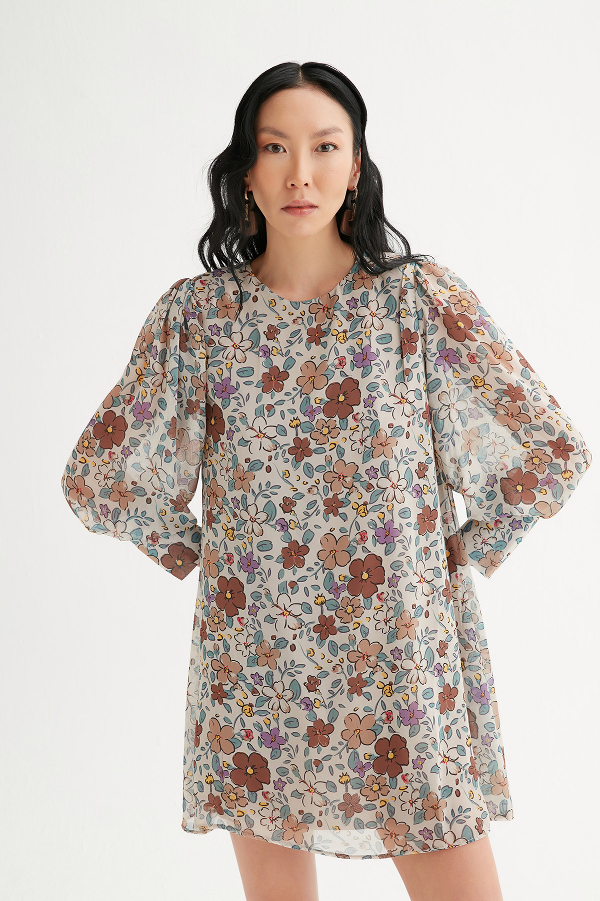Çiçek Baskılı Oversize Şifon Elbise | Açelya Okçu 