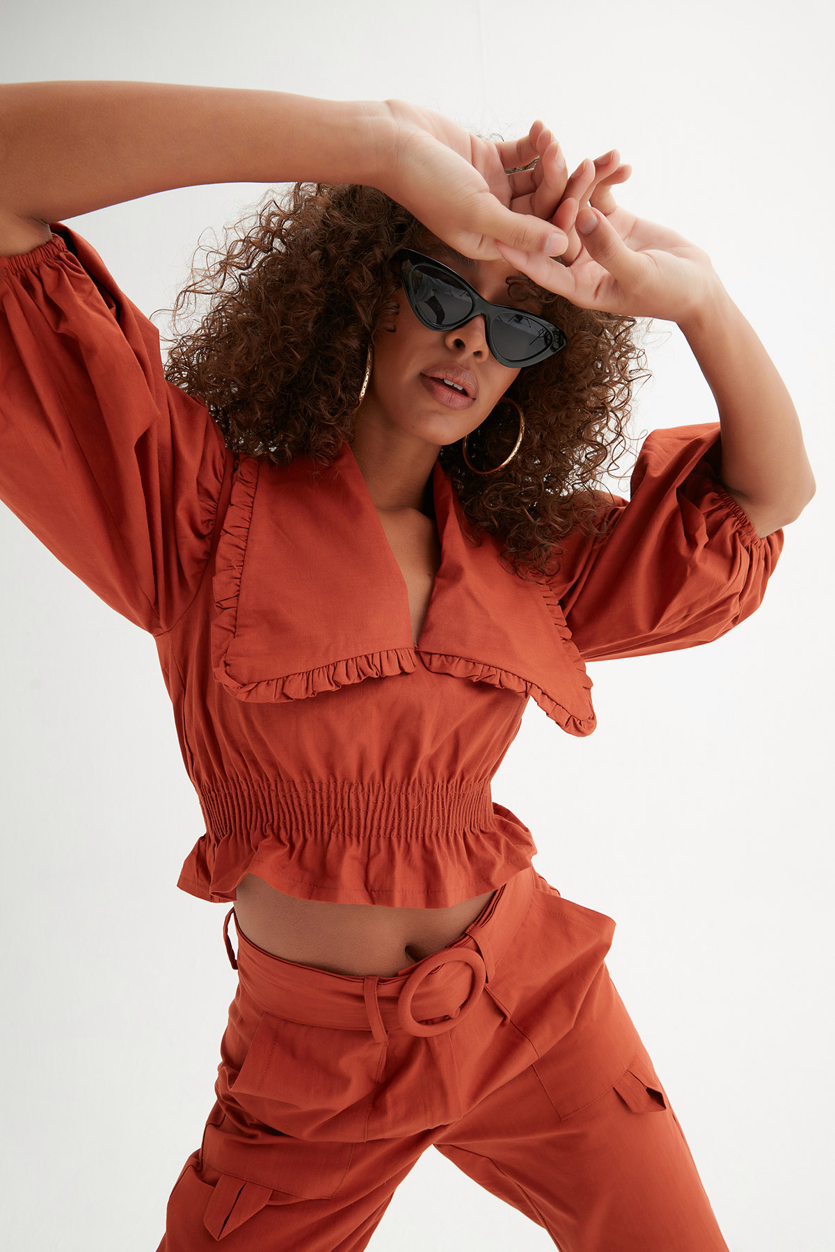 Crop Bluz Joger Pantolonlu Keten Takım | Açelya Okçu 