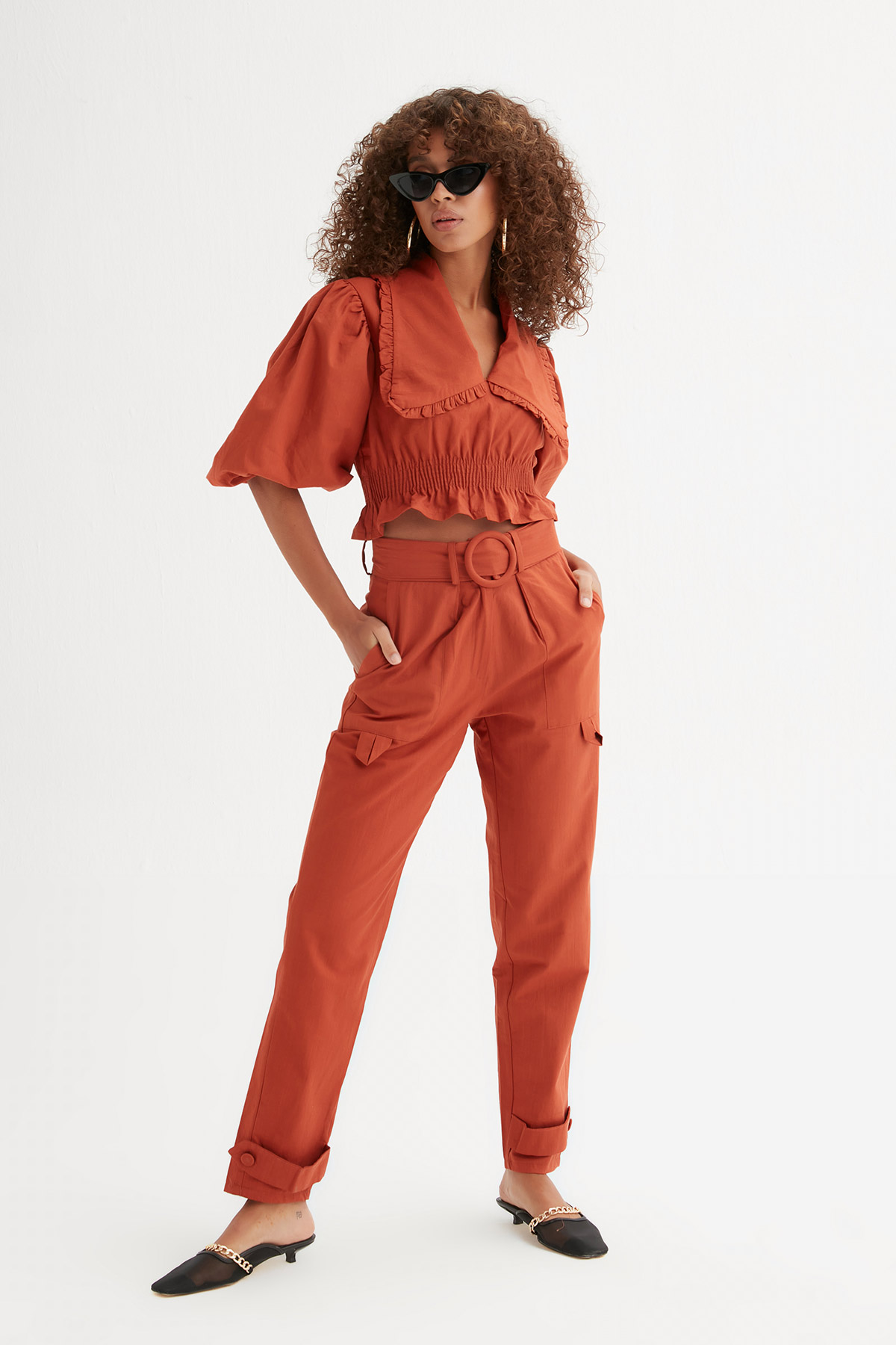 Crop Bluz Joger Pantolonlu Keten Takım | Açelya Okçu 