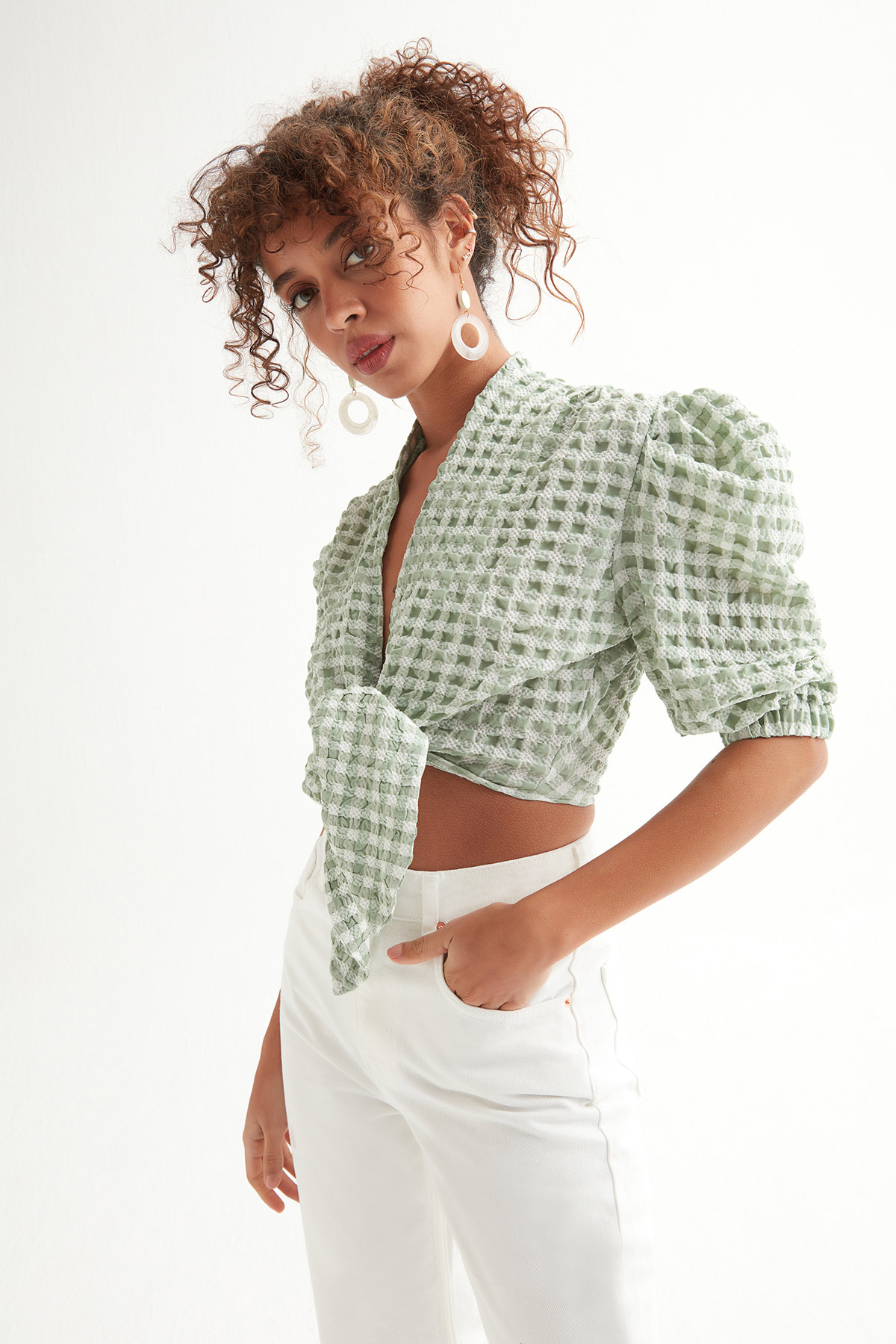 Karpuz Kol Gofre Crop Bluz | Açelya Okçu 