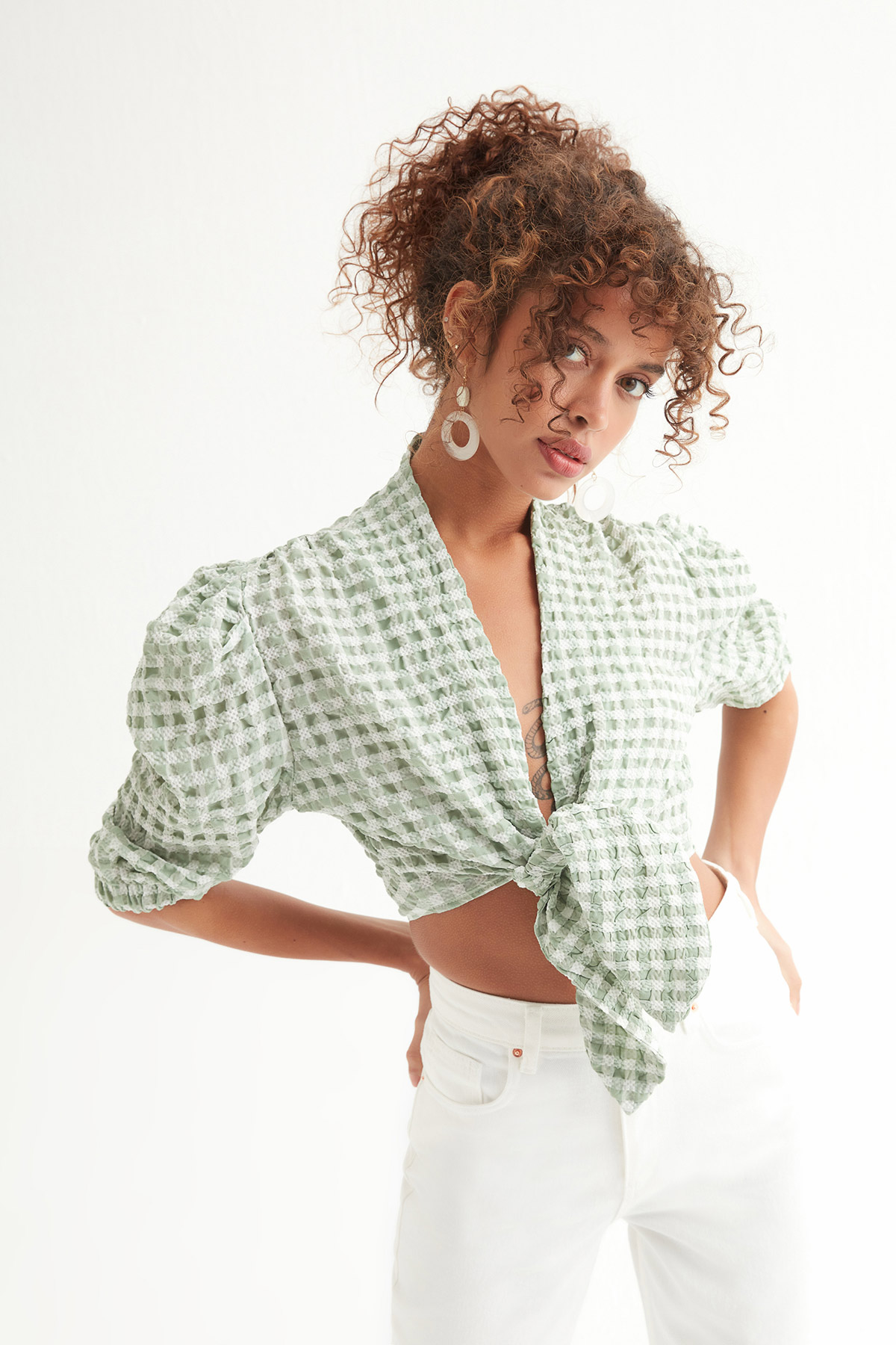 Karpuz Kol Gofre Crop Bluz | Açelya Okçu 
