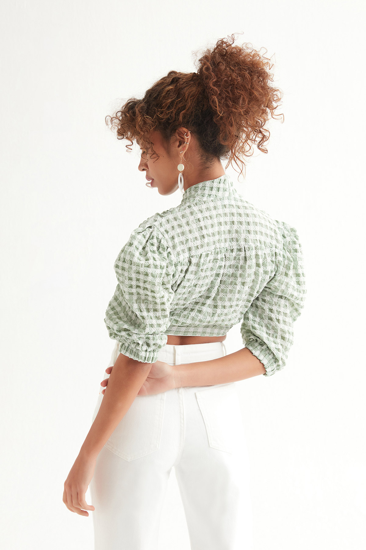 Karpuz Kol Gofre Crop Bluz | Açelya Okçu 