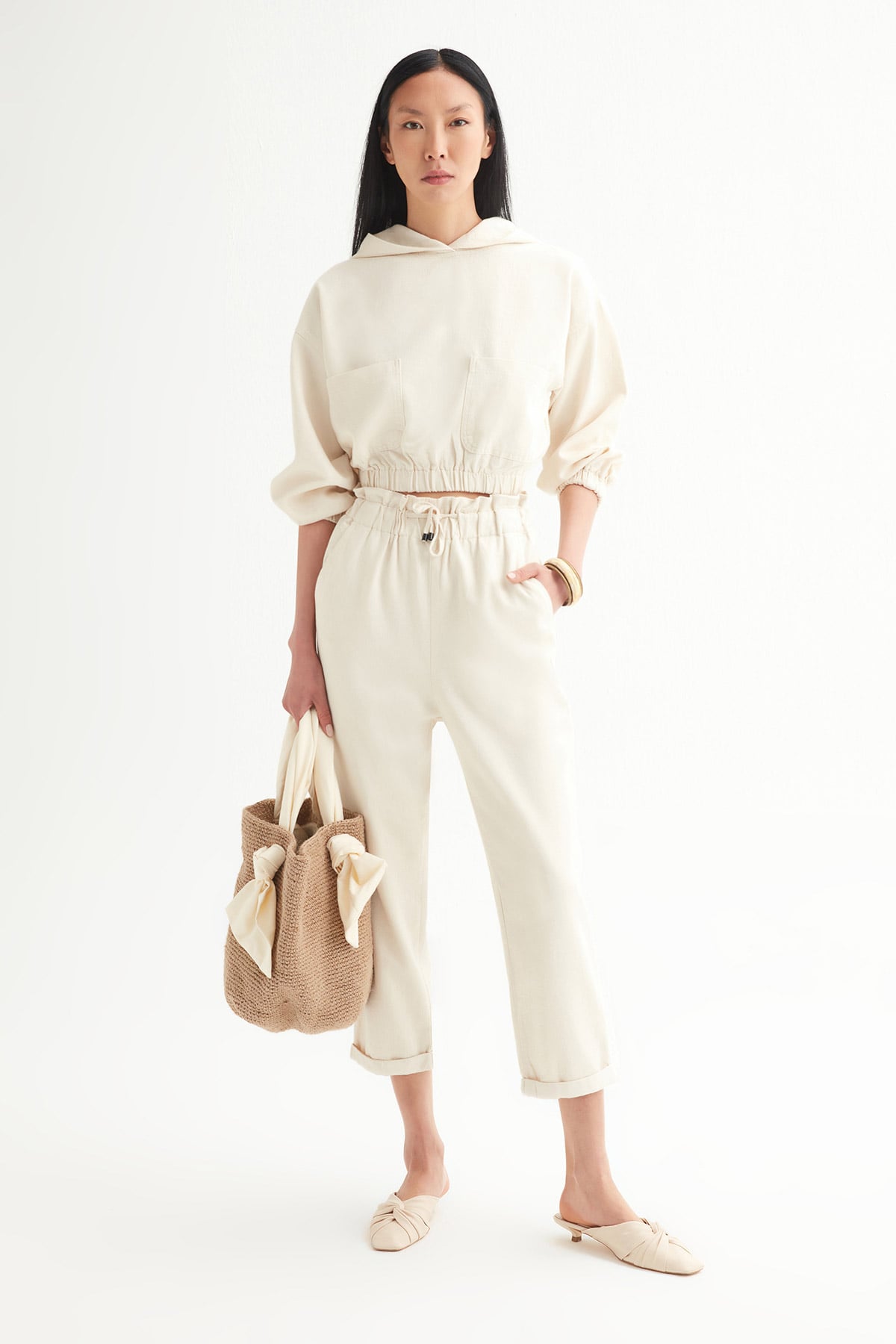 Natural Kapüşonlu Keten Sweat |  