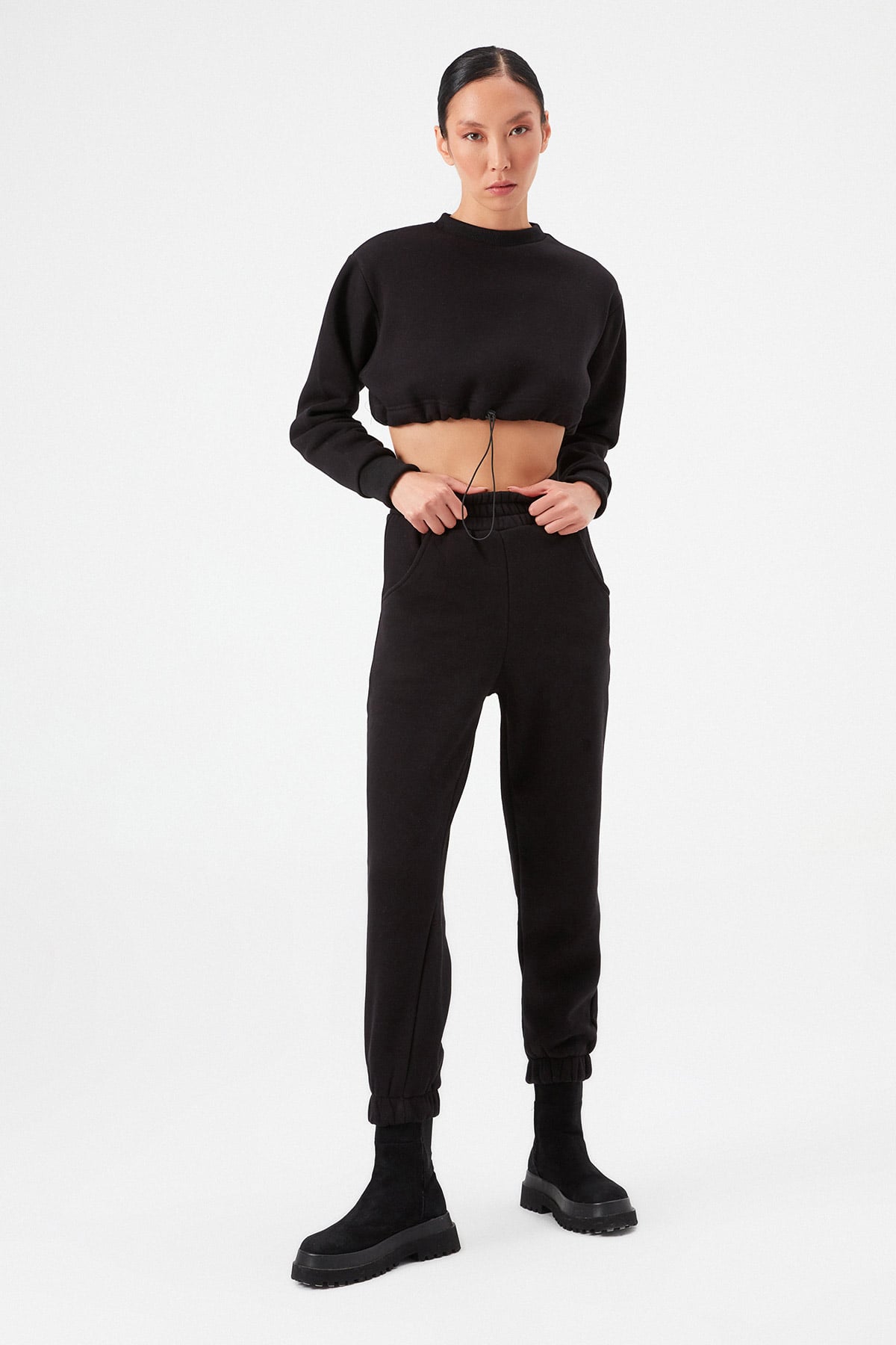 Crop Şardonlu Beli Büzgülü Sweatshirt |  